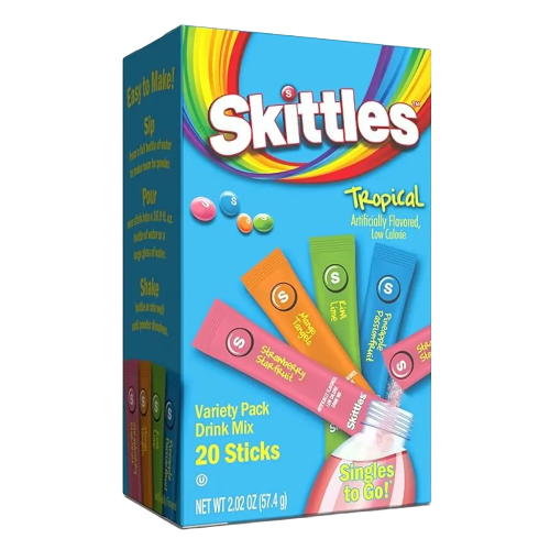 Skittles Singles To Go Tropical- Powdered Drink Mix, Includes 4 Flavors, Strawberry Starfruit, Mango Tangelo, Kiwi Lime, Pineapple Passionfruit 20 Sticks