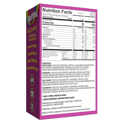 Skittles Singles To Go - Wild Berry Mix, 4 Flavors,Zero- Guilt Flavor Burst 20 Sticks