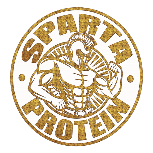 Sparta Protein logo with Spartan warrior emblem on a white background